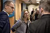 Eira Brunstad i DNB delte betraktninger om digital suverenitet og risikobasert tilnærming. Her i prat med de andre innlederne. Foto: Marius B. Jørgenrud