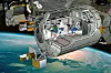 Bildet viser en gjennomskåret illustrasjon av hvordan det ser ut på det europeiske romlaboratoriet Columbus som er koblet fast til den internasjonale romstasjonen ISS. Columbus inneholder ti ulike laboratorier langs vegger og tak. Foto: ESA