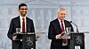 Finlands statsminister Antti Rinne (til høyre) sammen med Googles administrerende direktør Sundar Pichai på pressekonferansen i Helsingfors fredag.