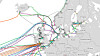 En oversikt over mange av fiberforbindelsene som eksisterer eller er planlagt i Nord-Europa. De grå er planlagte fiberforbindelser.