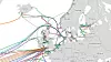 En oversikt over mange av fiberforbindelsene som eksisterer eller er planlagt i Nord-Europa. De grå er planlagte fiberforbindelser.
