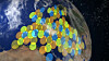 Illustrasjon over dekningen til KA-SAT-satellittens punktstråler. Satellitten dekker store deler av Europa, men også Nord-Afrika og østover mot deler av Russland.