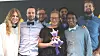 Fire studenter fra NTNU har ved hjelp av veiledere fra Accenture laget prototypen som skal hjelpe flyktningers integrering. F.v.: Therese Langseth (student), Marcus André Ramberg (veileder), Benjamin Vallestad (veileder), Kia Brekke (student), Shahariar Kabir Bhuiyan (prosjektleder), Piraveen Perinparajan (student) og Ole Bøe Andreassen (student).