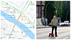 Kart over trafikken slik den så ut i Google Maps. Simon Weckert med 99 telefoner i en tralle til høyre. Bildet er delt med kunstnerens tillatelse.