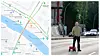 Kart over trafikken slik den så ut i Google Maps. Simon Weckert med 99 telefoner i en tralle til høyre. Bildet er delt med kunstnerens tillatelse.