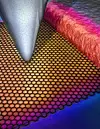 Tuppen til et atomkraftmikroskop skanner overflaten til en grafen-metall-kontakt for å måle temperaturen i punkter med en avstand på 10 nanometer og med en nøyaktighet på 250 mK. I bildet representeres temperaturdataene av ulike farger. Bilde: Alex Jerez, Beckman Institute Imaging Technology Group