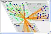 Eksempel på visualisering i Invariant Analyzer. Modellen av systemet fordeler seg på web, databaser (DB) og applikasjoner (AP). De to røde nodene er røttene til problemet. De blå nodene og de oransje relasjonene viser ringvirkningene av problemet. De grønne nodene og de grønne relasjonene er ikke berørt av problemet.