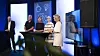 Amedia-sjef Pål Nedregrotten; leder for totalberedskapskommisjonen, Harald Sunde; DSB-sjef Elisabeth Aarsæther, NSM-sjef Sofie Nystrøm og Nortura-sjef Anne Marit Panengstuen på scenen i samtale om sikkerhet.