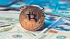 Golden Bitcoins (new virtual money ). Image toned in vintage dull colors.