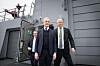 Framleggelsen av Forsvarets langtidsplan på KV Bjørnøya. Forsvarsminister Bjørn Arild Gram, statsminister Jonas Gahr Støre og finansminister Trygve Slagsvold Vedum.