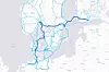 Den mørke streken er fibertraseen Globalconnect neste år skal bygge gjennom Norden, fra Helsinki til Fredericia, hvor den kobles på Globalconnects nett i Tyskland. Illustrasjon: Globalconnect