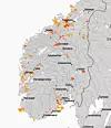 Kartet viser hvor det er problemer med mobildekningen i Telenors nett i Sør-Norge mandag morgen etter Amys herjinger. Rødt betyr ingen mobildekning. Oransje betyr redusert kapasitet. Foto: Telenor