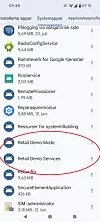 Files-appen i Android som her viser en liste med systemapper. Retail Demo Mode er den omtalte appen. Retail Demo Services, som vises under, er ikke omtalt i rapporten til Iverify. Skjermbilde: Digi
