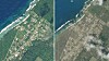 Disse to satellittbildene viser Niutoua på øya Tongatapu i Tonga før (til venstre) og etter utbruddet og den påfølgende tsunamien.