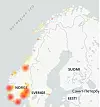 Downdetectors utfallskart viste klokka 11.25 at hoveddelen av Telenor-kundene som melder om problemer, holder til sør for Trondheim. Illustrasjon: Downdetector