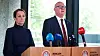 Barnevernsbyråd Line Berggreen Jacobsen (Ap) og byrådsleder Rune Bakervik (Ap) i Bergen kommune da de fortalte pressen om den alvorlige systemsvikten med Visma Familia i mai 2023.