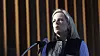 USAs minister for innenlands sikkerhet, Kirstjen Nielsen, foran en mur som nylig er blitt forsterket ved grensa til Mexico.