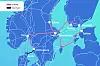 Kartet viser fibernettet som Globalconnect holder på med dels å oppgradere, dels å bygge nytt. Den svarte streken viser Sæby-Lerkil-kabelen.