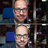 Journalist i to varianter. Det øverste bildet er fanget opp med et gammelt Logitech HD C270-kamera, det nederst med et speilløst Canon EOS M6 Mark II med et ordinært 15–45 mm objektiv. Spesielt små detaljer, som skjeggstubben, er langt mer grøtete på det øverste bildet. På det nederste er bakgrunnen uskarp, noe som jo er ønskelig. Begge deler er vist gjennom Google Meet. Klikk på bildet for å se det i full størrelse. Skjermbilde: Digi.no