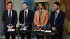 De fire budsjettpartiene på Stortinget utsetter endringene i elavgiften. Her er de representert ved finanspolitisk talsperson i Høyre, Henrik Asheim, finanspolitisk talsperson i KrF, Kjell Ingolf Ropstad, finanspolitisk talsperson i Venstre, Abid Raja og finanspolitisk talsperson i Frp, Helge André Njåstad under pressekonferansen hvor budsjettavtalen ble presentert.