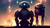 Midjourneys AI tok av sommeren 2022. her har den generert en illustrasjon med prompten 'Roboter ser på fyrverkeri med tanks i bakgrunnen'.