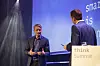 Fra venstre: Fredrick Ericsson, regiondirektør for Redhat og norgessjef Hans-Henrik Merckoll i IBM under Think-konferansen i Oslo torsdag. Foto: Heidi Sævold