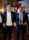 Fra venstre: Teknologisjef Tor Neset og Skandinavia-sjef Kjell Rusti i Sopra Steria på vei opp fra salen like etter alliansen «StraTus» er annonsert som vinner av Forsvarsmateriells plan- og designkonkurranse for skytjenester. Foto: Frank Holtschlag / Nyebilder